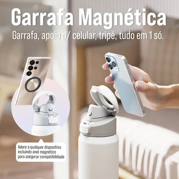 Garrafa térmica com suporte para celular